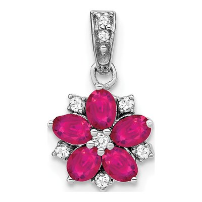 14K White Gold 1/15 ct tw Ruby & Diamond Floral Pendant