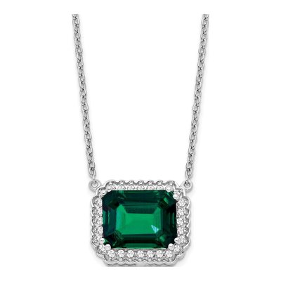 14K White Gold 1/6 ct tw Lab-Created Emerald & Diamond Halo Necklace