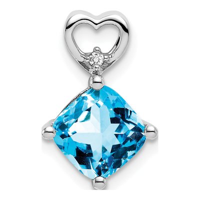 14K White Gold Swiss Blue Topaz & Diamond Heart Slide Pendant