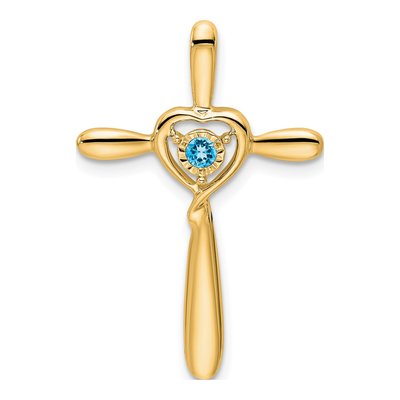 14K Yellow Gold Sky Blue Topaz December Birthstone Cross Charm