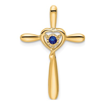 14K Yellow Gold Lab-Created Sapphire September Birthstone Cross Heart Slide Pendant