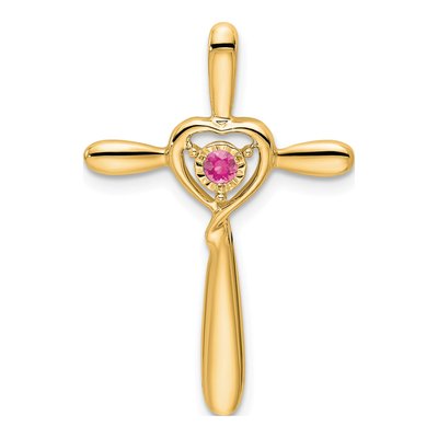 14K Yellow Gold Pink Tourmaline October Birthstone Cross Heart Slide Pendant