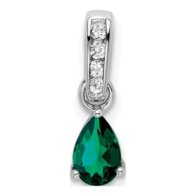10K White Gold Lab-Created Emerald & Diamond Pear May Pendant