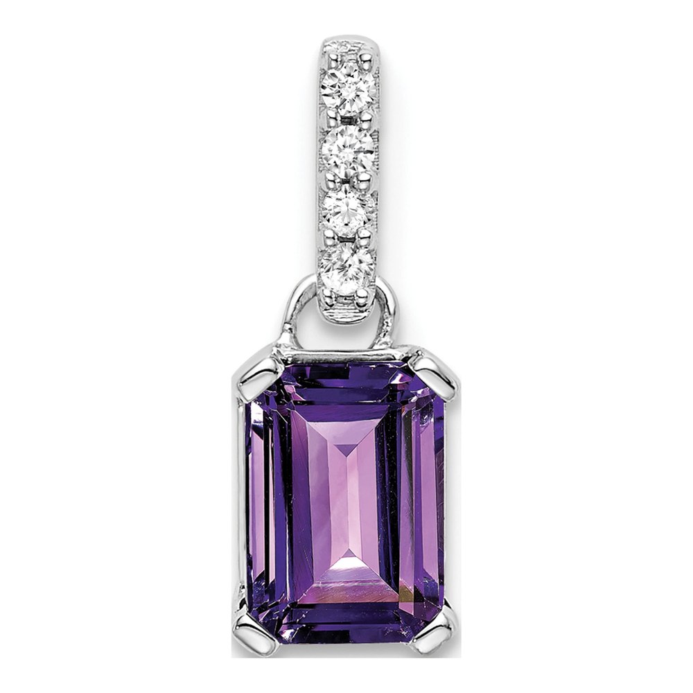 10K White Gold Amethyst & Diamond Emerald-Cut February Pendant
