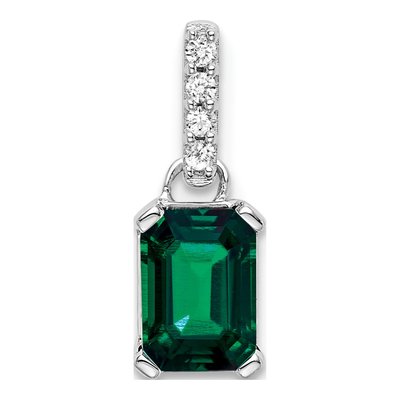 10K White Gold Lab-Created Emerald & Diamond Emerald-Cut May Pendant