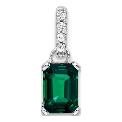14K White Gold Lab-Created Emerald & Diamond Emerald-Cut May Pendant