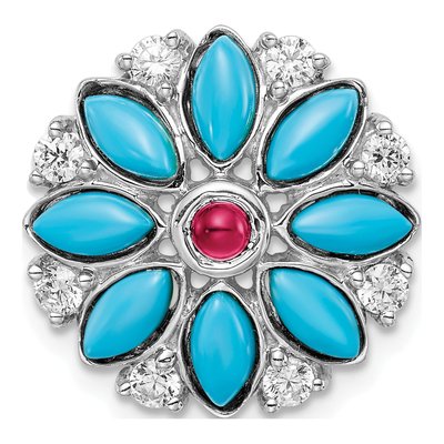 14K White Gold Lab-Created Ruby & Turquoise Floral Slide Pendant