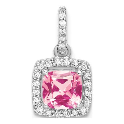 14K White Gold 1/8 ct tw Pink Tourmaline & Diamond Halo Pendant