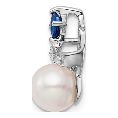 14K White Gold Freshwater Cultured Pearl & Sapphire Round Square Slide Pendant – view 2