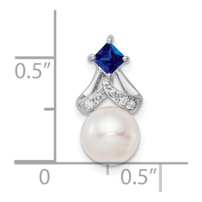 14K White Gold Freshwater Cultured Pearl & Sapphire Round Square Slide Pendant – view 3