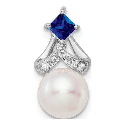 14K White Gold Freshwater Cultured Pearl & Sapphire Round Square Slide Pendant