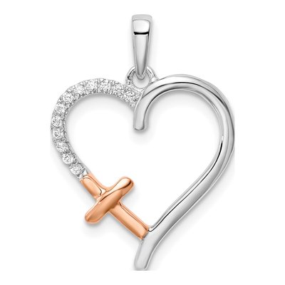 14K Two-Tone Gold 1/20 ct tw Diamond Heart Cross Pendant