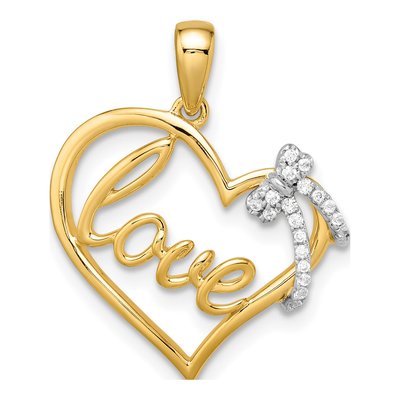 14K Two-Tone Gold 1/15 ct tw Diamond LOVE Script Heart Bow Pendant