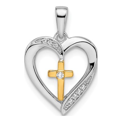 14K Two-Tone Gold Diamond Heart Cross Pendant