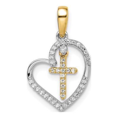 14K Two-Tone Gold 1/8 ct tw Diamond Heart Cross Pendant