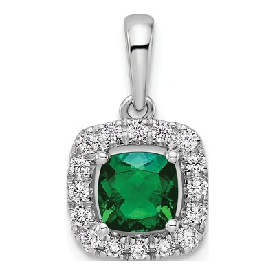14K White Gold 1/4 ct tw Lab-Created Emerald & Lab-Grown Diamond Halo Pendant