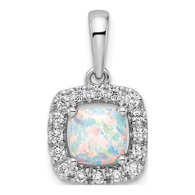 14K White Gold 1/4 ct tw Opal & Lab-Grown Diamond Halo Pendant