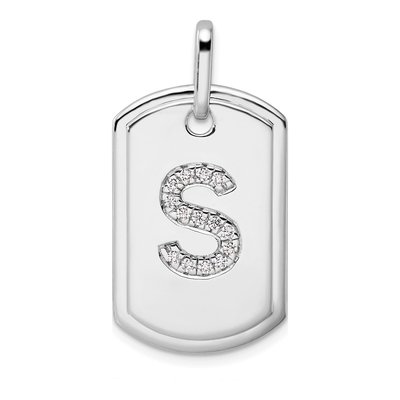 14K White Gold 1/6 ct tw Diamond Dog Tag Initial S Charm