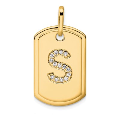 14K Yellow Gold 1/6 ct tw Diamond Dog Tag Initial S Charm