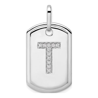 14K White Gold 1/8 ct tw Diamond Dog Tag Initial T Charm