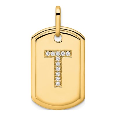 14K Yellow Gold 1/8 ct tw Diamond Dog Tag Initial T Charm