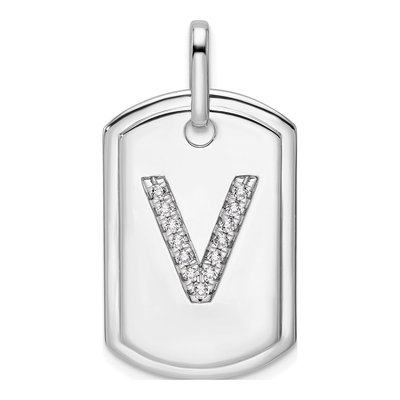 14K White Gold 1/6 ct tw Diamond Dog Tag Initial V Charm