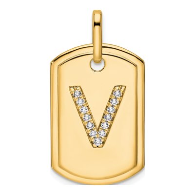 14K Yellow Gold 1/6 ct tw Diamond Dog Tag Initial V Charm