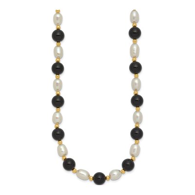 14K Yellow Gold Onyx & Freshwater Cultured Pearl Beaded Necklace – view 3
