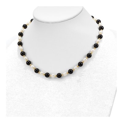 14K Yellow Gold Onyx & Freshwater Cultured Pearl Beaded Necklace – view 4