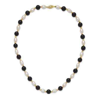 14K Yellow Gold Onyx & Freshwater Cultured Pearl Beaded Necklace – view 6