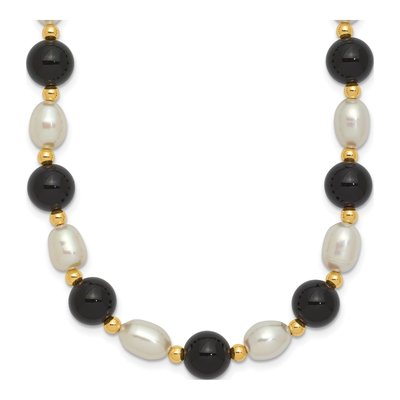 14K Yellow Gold Onyx & Freshwater Cultured Pearl Beaded Necklace