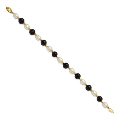 14K Yellow Gold Freshwater Cultured Pearl & Onyx Rice Beaded Bracelet – view 2