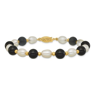 14K Yellow Gold Freshwater Cultured Pearl & Onyx Rice Beaded Bracelet – view 3