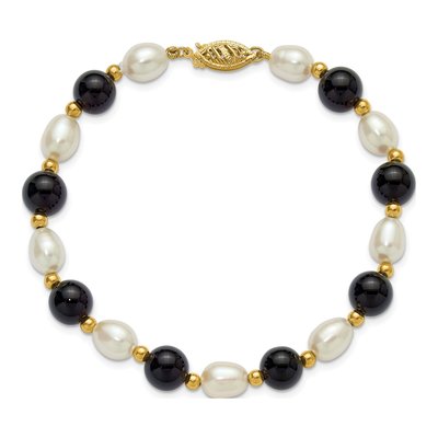 14K Yellow Gold Freshwater Cultured Pearl & Onyx Rice Beaded Bracelet – view 4