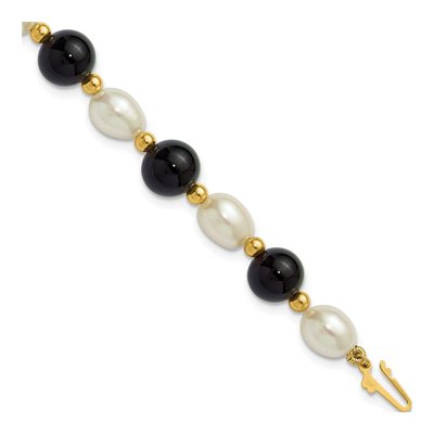 14K Yellow Gold Freshwater Cultured Pearl & Onyx Rice Beaded Bracelet