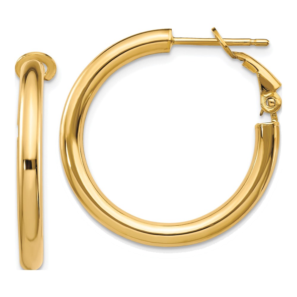 14K Yellow Gold 25mm Omega Back Hoop Earrings