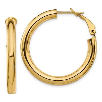 14K Yellow Gold 34mm Round Tube Omega Back Hoop Earrings