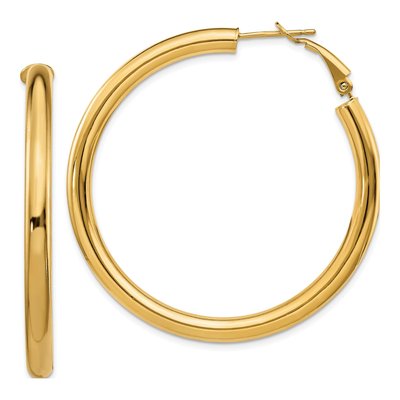 14K Yellow Gold 50mm Round Tube Omega Back Hoop Earrings