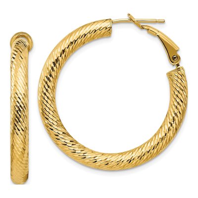 14K Yellow Gold 34mm Diamond-Cut Omega Back Hoop Earrings