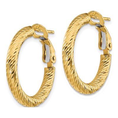 14K Yellow Gold Diamond-Cut Hoop Earrings, Omega Back – view 3