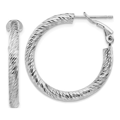 14K White Gold 27mm Diamond-Cut Omega Back Hoop Earrings