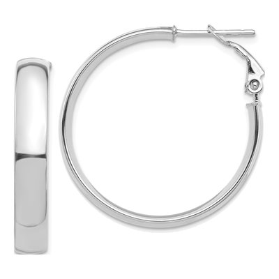14K White Gold 30mm Flat Tube Omega Back Hoop Earrings