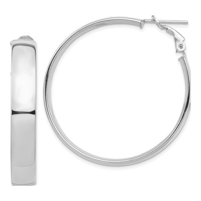 14K White Gold 43mm Flat Tube Omega Back Hoop Earrings