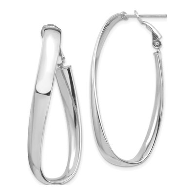 14K White Gold Twisted Omega Back Oval Hoop Earrings