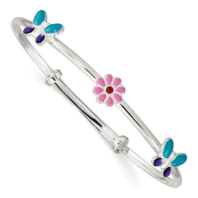 Sterling Silver Enamel Flower Bangle Bracelet