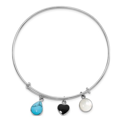 Sterling Silver Onyx & Mother of Pearl MOP Expandable Bangle Bracelet – view 3