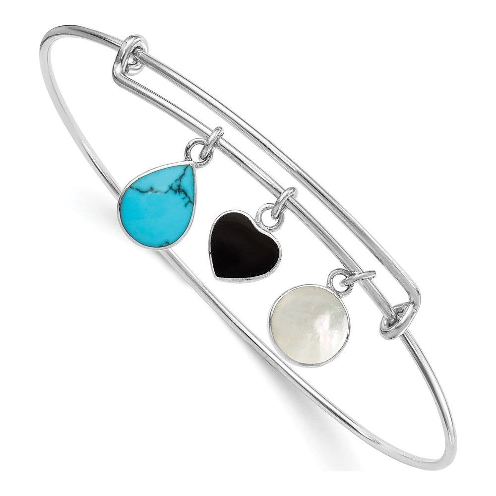 Sterling Silver Onyx & Mother of Pearl MOP Expandable Bangle Bracelet
