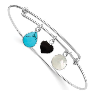 Sterling Silver Onyx & Mother of Pearl MOP Expandable Bangle Bracelet