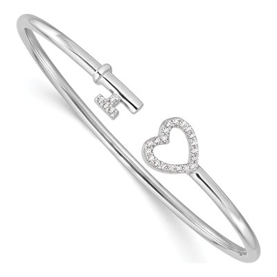 Sterling Silver CZ Heart Key Cuff Bracelet