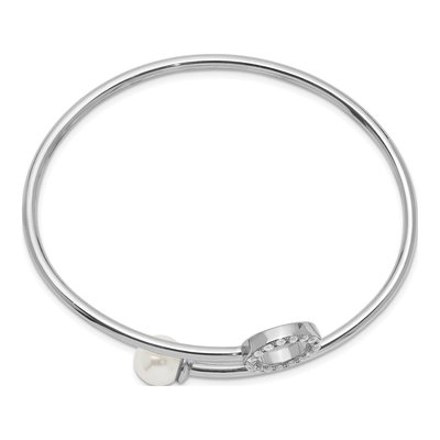Sterling Silver Rh-Pl Shell Pearl CZ Flexible Bangle Bracelet – view 3
